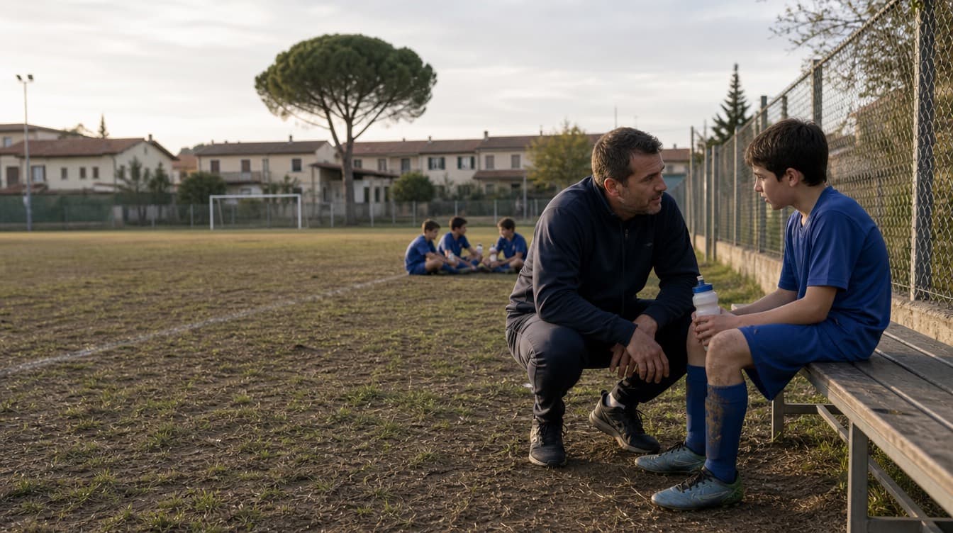 Allenatore accosciato a bordo campo che parla con un ragazzo seduto in panchina durante l'intervallo