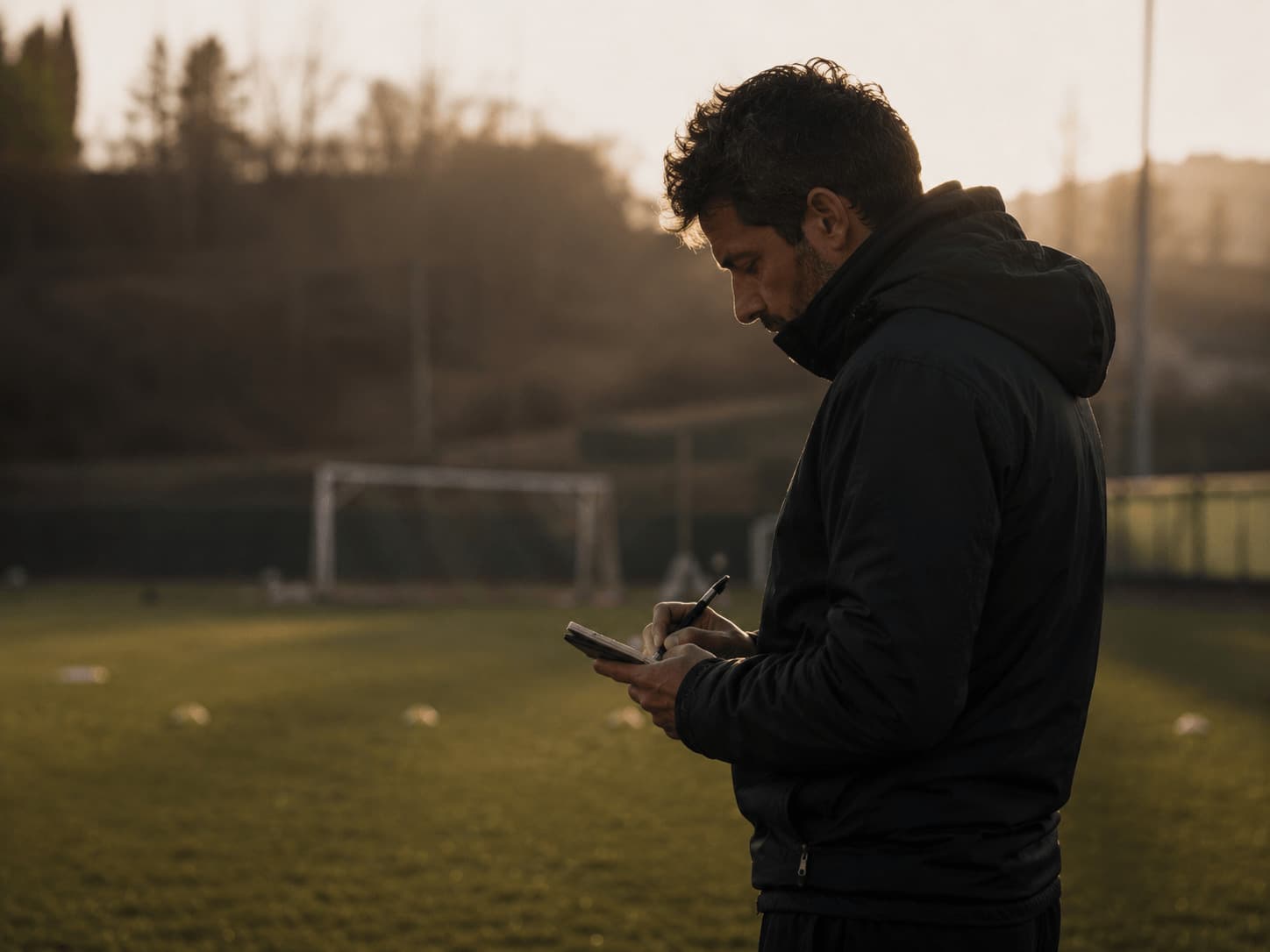 Allenatore di calcio scrive appunti su un taccuino a bordo campo dopo l'allenamento