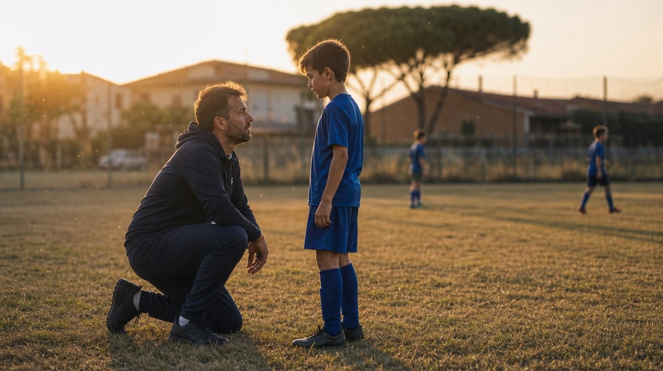 Allenatore accosciato che parla con un ragazzo in piedi a fine allenamento, campo controluce