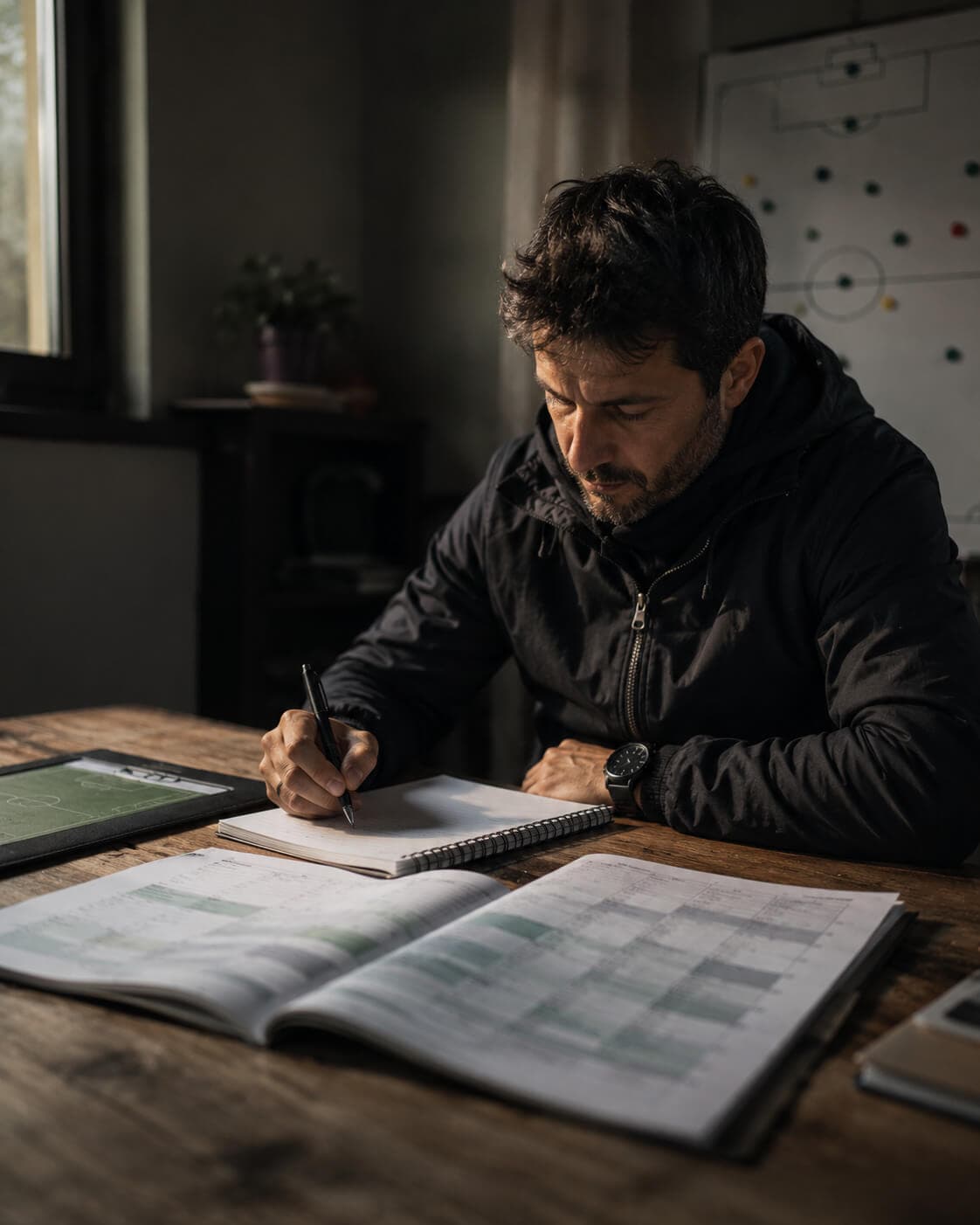 Allenatore di calcio dilettanti studia il calendario della stagione su un tavolo con quaderno
