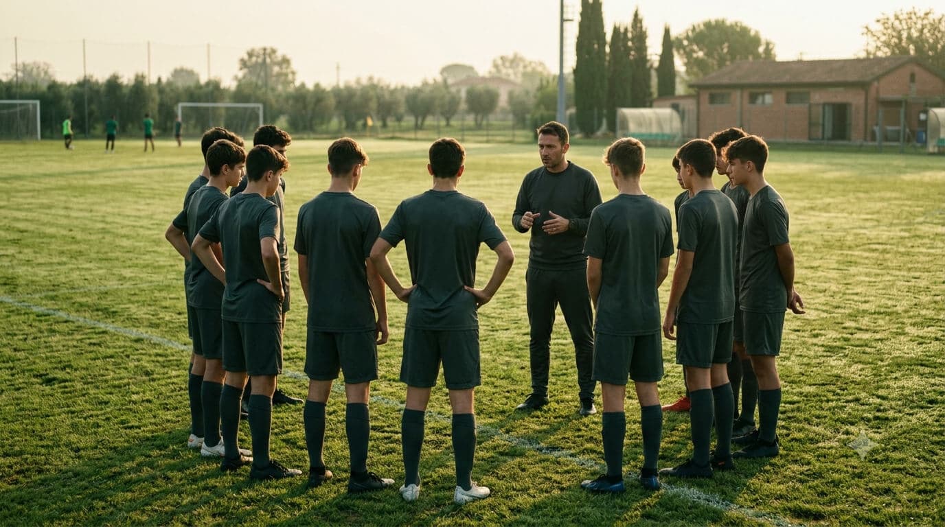Allenatore con un gruppo di giovani calciatori in cerchio sul campo all'inizio della stagione