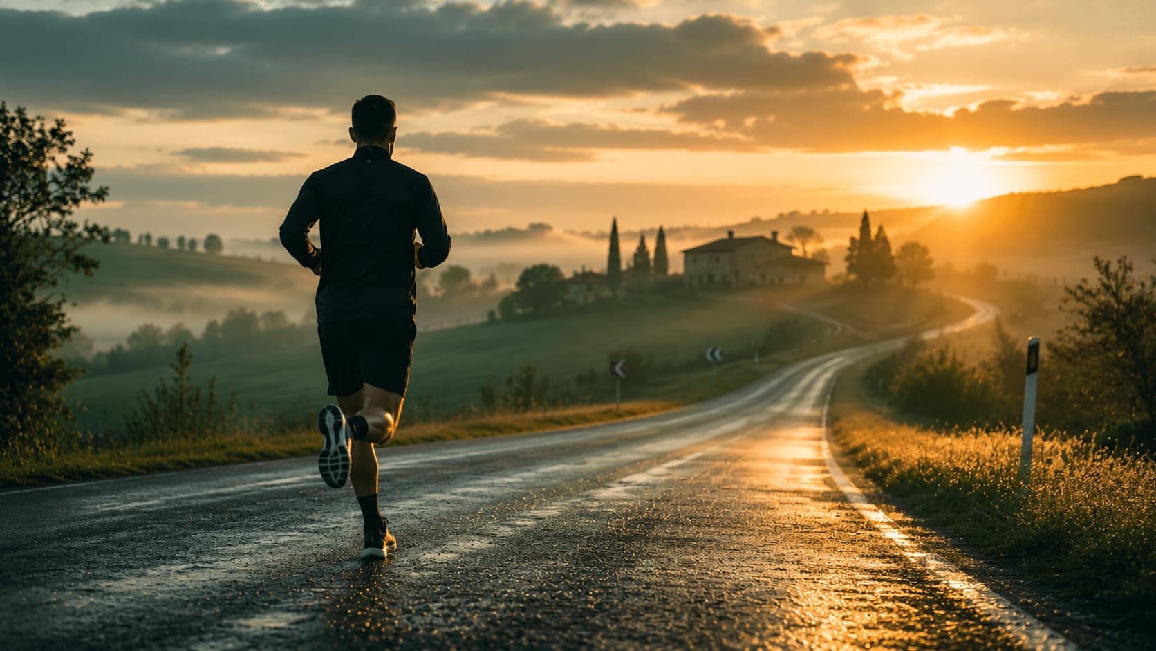 Calciatore che corre su una strada di campagna all'alba in estate