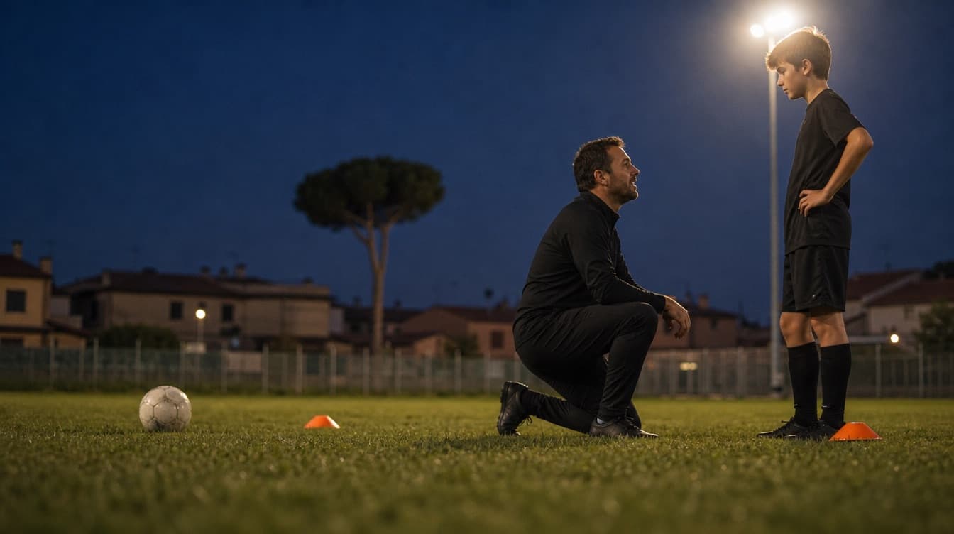 Allenatore su un ginocchio che parla con un ragazzo a bordo campo, la sera, sotto i fari dell'allenamento