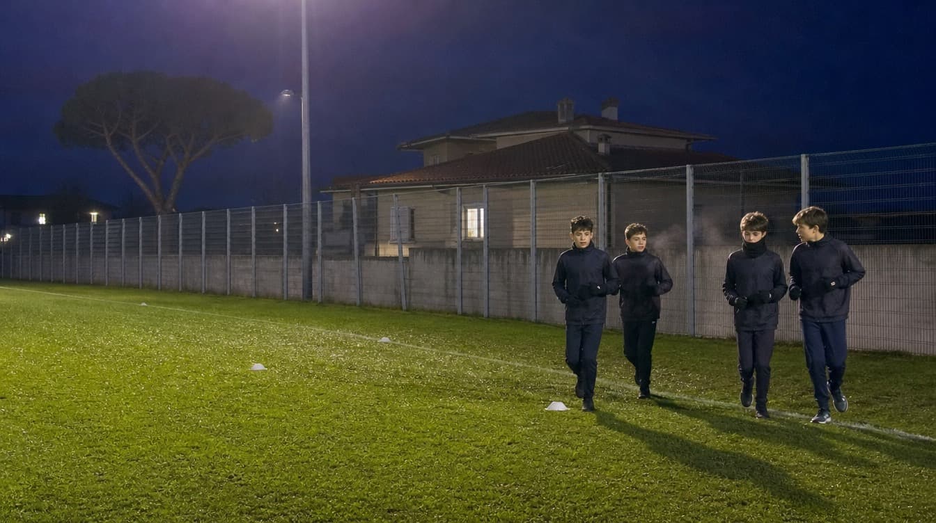 Ragazzi in tuta che corrono a coppie sotto i fari di un campo d'allenamento, la sera, con il fiato che si vede