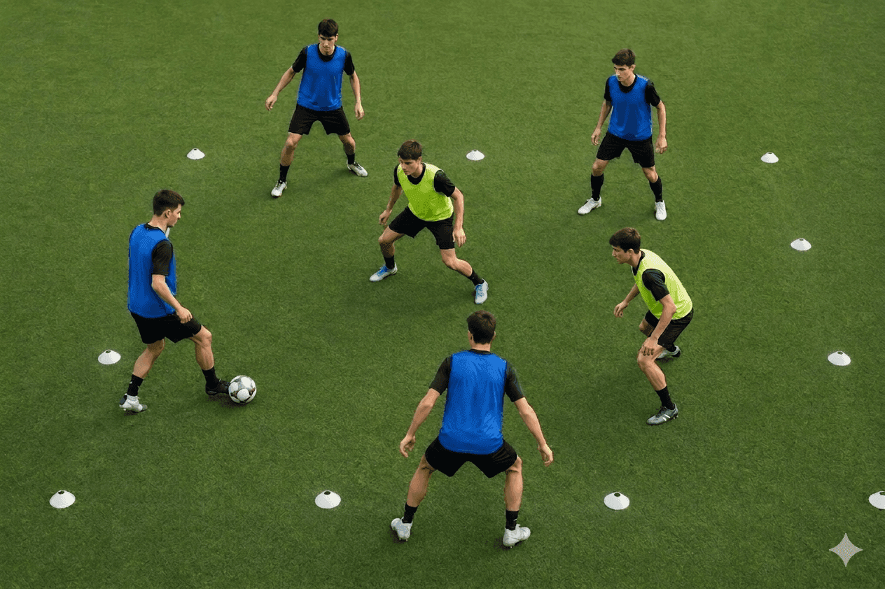 Gruppo di giovani giocatori durante una partita di calcio in campo aperto