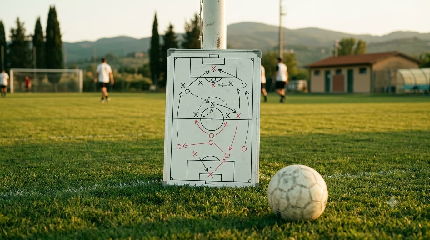 Lavagna tattica con uno schema di allenamento accanto a un pallone su un campo italiano