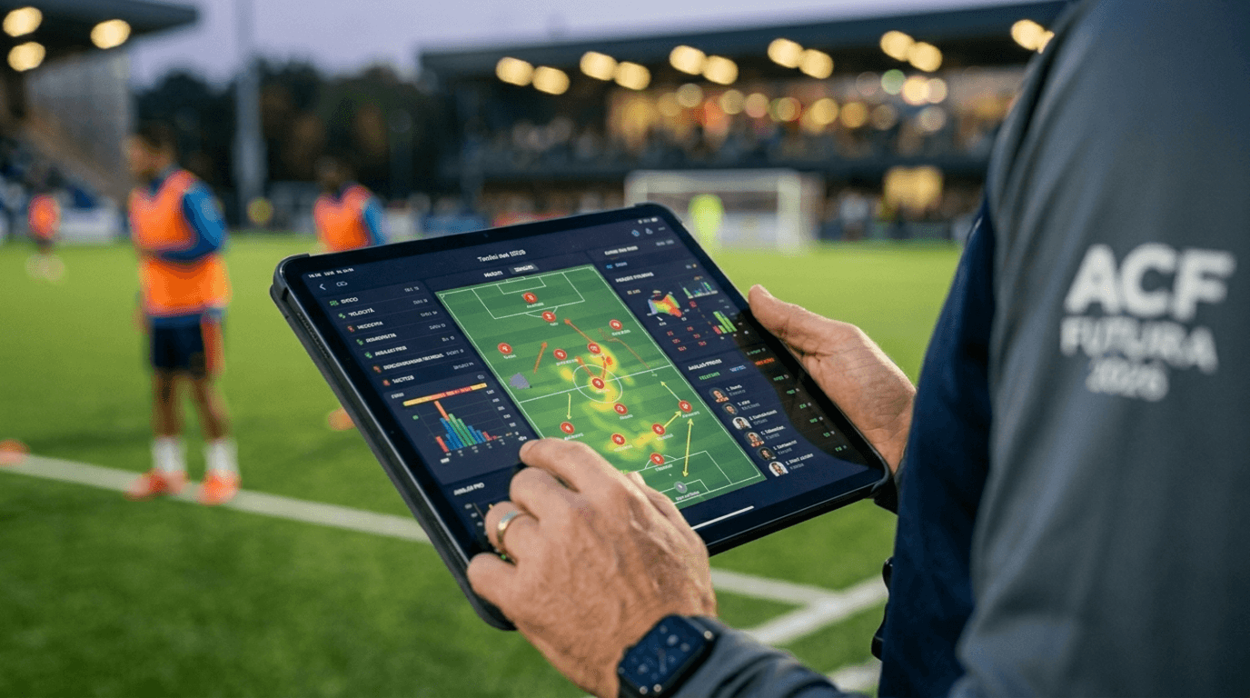 Allenatore di calcio guarda lo schermo dello smartphone bordo campo con planner aperto