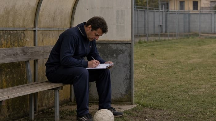 Allenatore seduto in panchina che scrive i minuti dei cambi su un foglio subito dopo il fischio finale