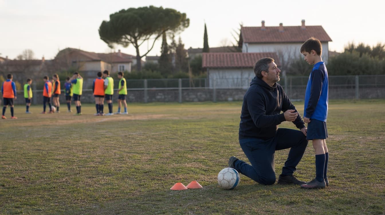 Allenatore su un ginocchio che parla con il ragazzo più piccolo della squadra, in un campo di provincia