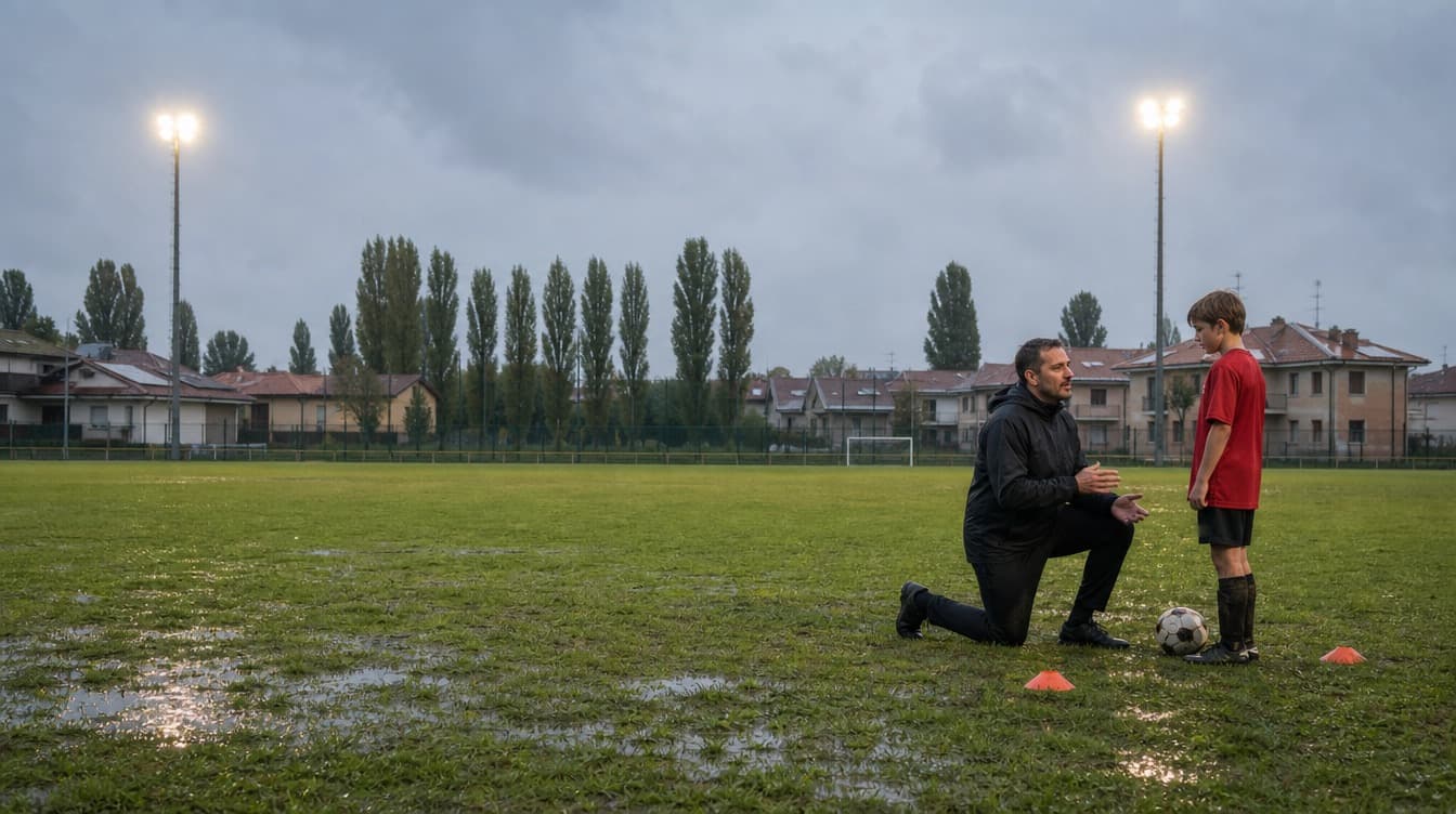 Allenatore su un ginocchio che parla a un ragazzo a fine allenamento, su un campo bagnato con i fari accesi