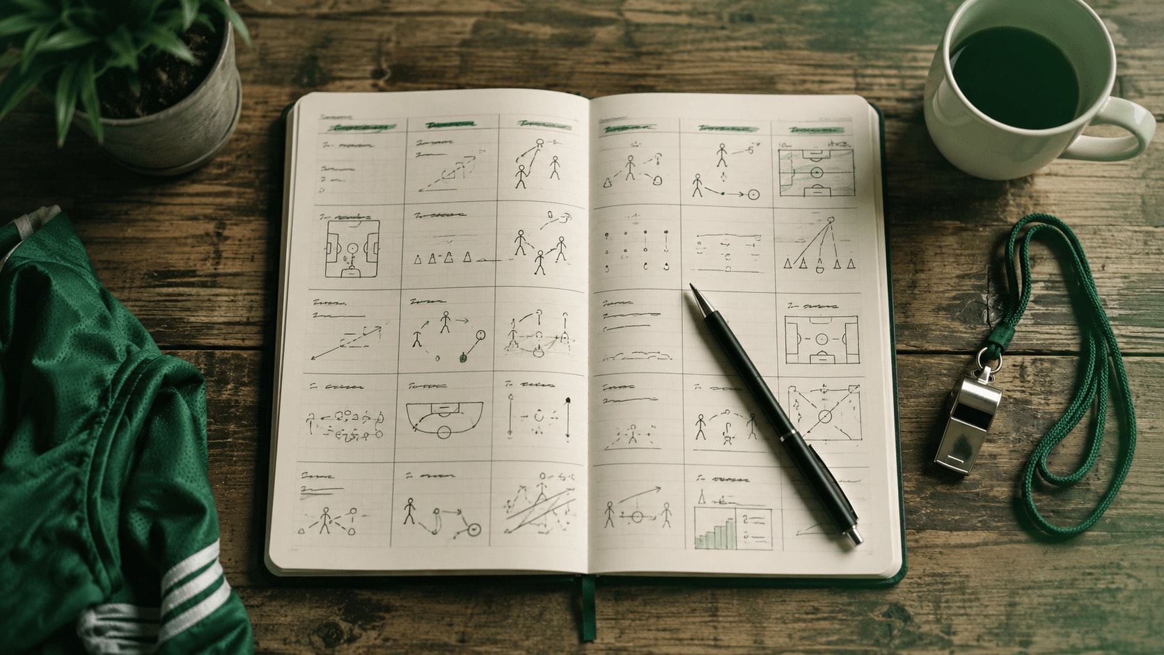 Quaderno con planner settimanale di allenamento calcio aperto su un tavolo