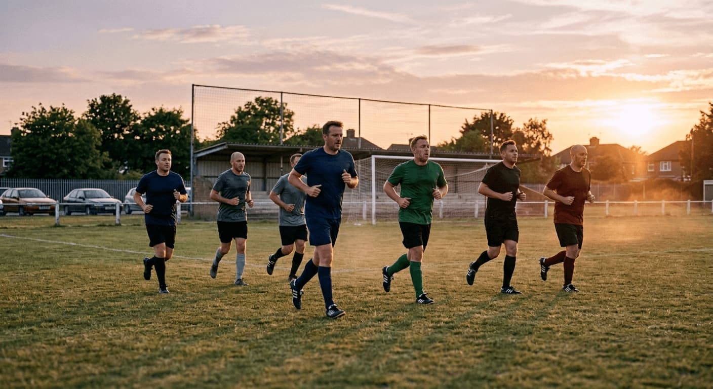 Calciatori dilettanti in corsa al tramonto durante la preparazione estiva