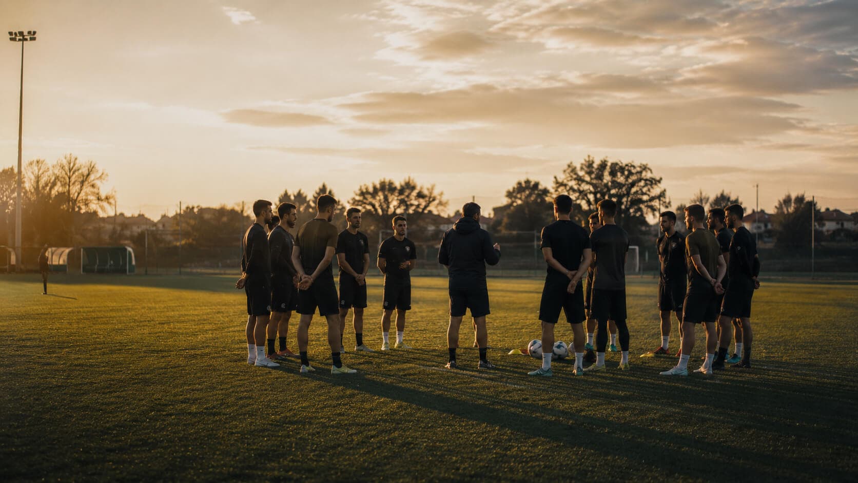 Squadra di calcio dilettanti al primo allenamento serale di ripresa in estate