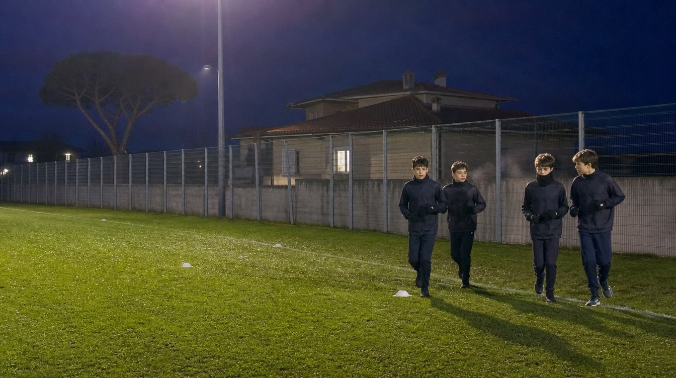 Ragazzi in tuta che corrono a coppie sotto i fari di un campo d'allenamento, la sera, con il fiato che si vede