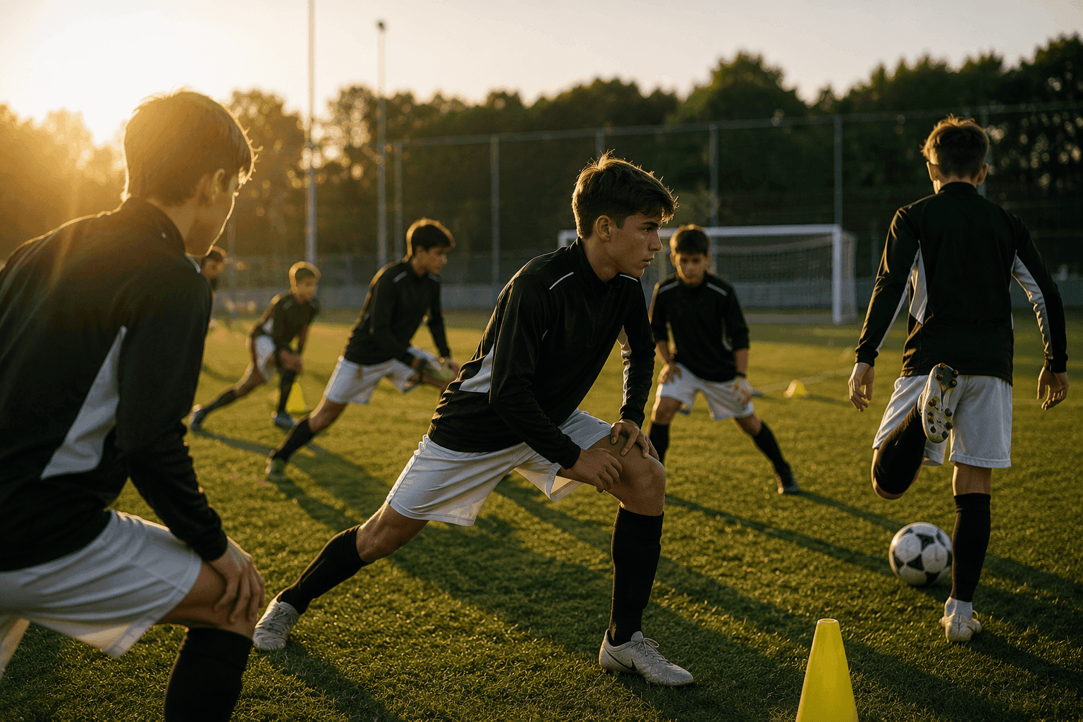 Giovani calciatori in divisa rossa e bianca in azione in campo