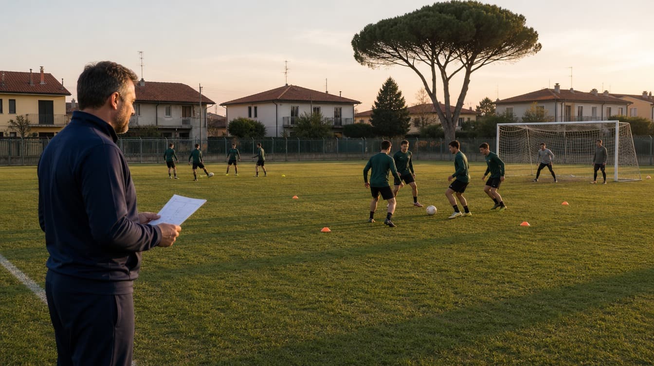 Allenatore a bordo campo con la scheda della seduta mentre la squadra lavora a gruppi su un campo di provincia